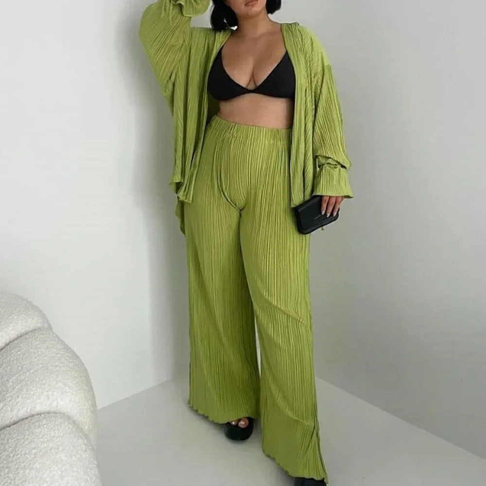Solid Pleated Shirt&pants Women Loose Pajamas Suit Sexy Split Pjs New Summer Spring Sleepwear Long Home Clothes Loungewear