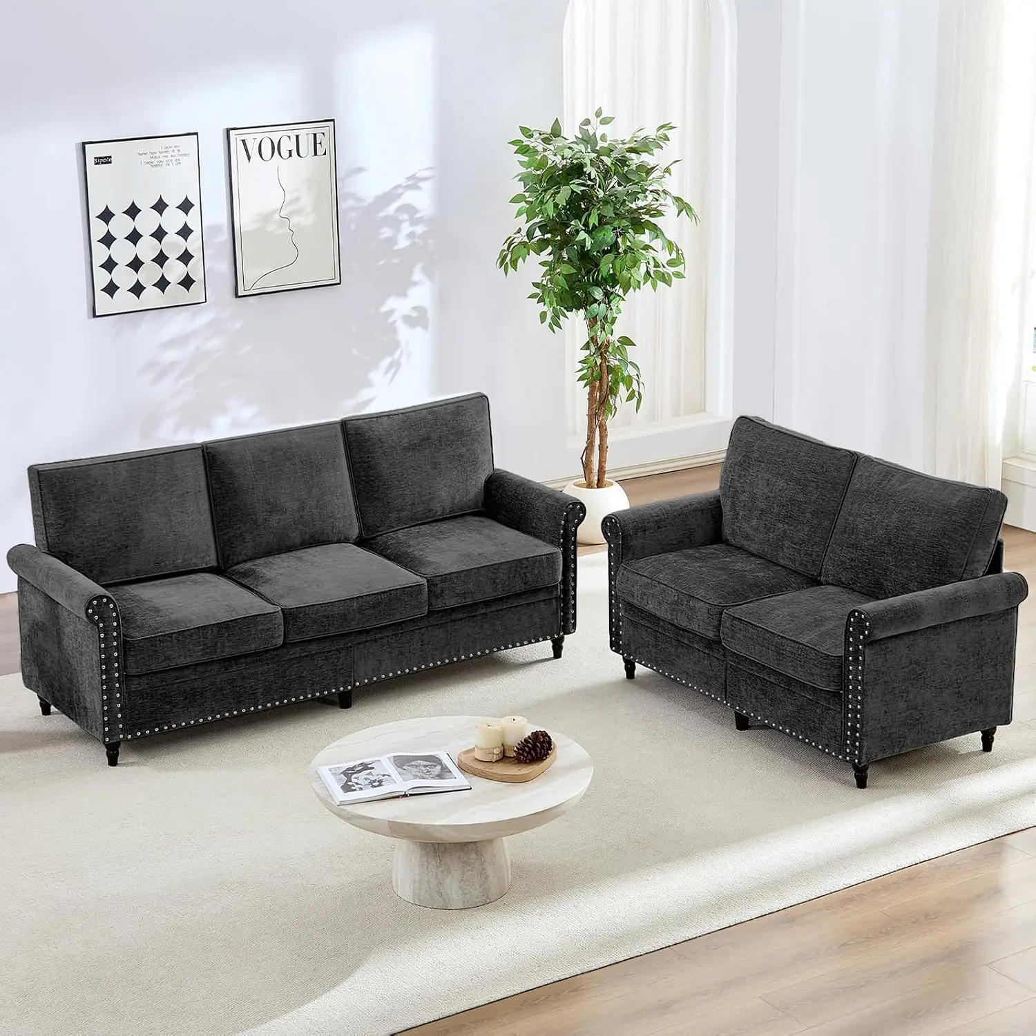 Chenille Oversized Sectional Sofa Set 3-Seater & 2-Seater Cloud Couch For Living Room Apartment Black, Customized