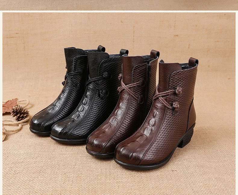 Genuine Leather Low-Heeled Shoes Round Toe Handmade Ankle Boots Women\'s Soft Short Boots Women Casual Zipper Winter Shoes