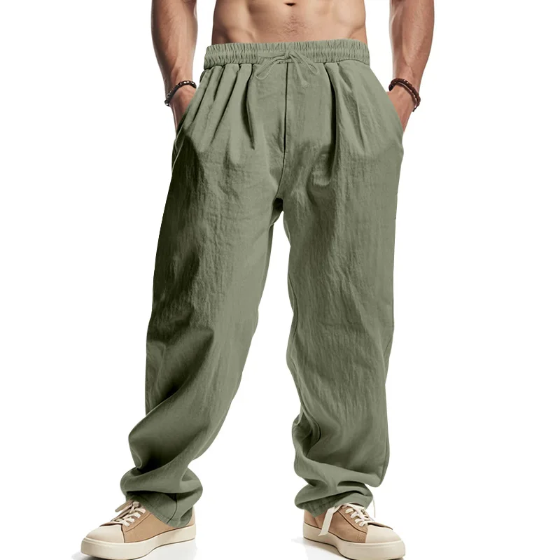 2025 High-Quality Men's Casual Pants Four Seasons Linen Loose Breathable Beach Men's Long Straight Leg Pants Wide Leg Pants Men