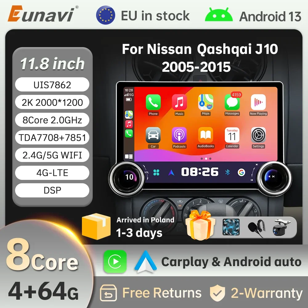 Eunavi 11.8 Autoradio Car Radio For Nissan Qashqai J10 2005 - 2015 Car Audio Multimedia Player Wireless Carplay