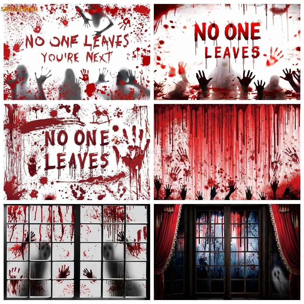 

Halloween Photography Backdrop Horror Bloody Handprint Blood Footprints No One Leaves Scary Halloween Party Photo Background