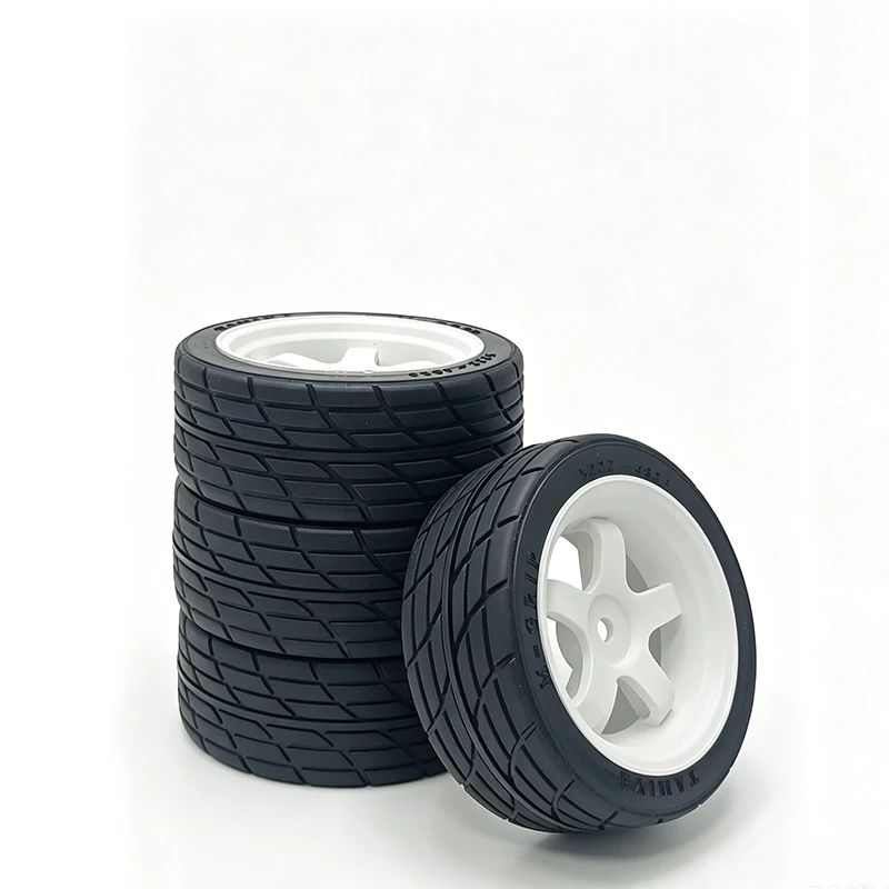 4PCS 1/10 RC Car Rubber Tires with White Multi-Spoke Wheel Rims High Grip On-Road Racing Tyres Set Replacement Upgrade Parts for