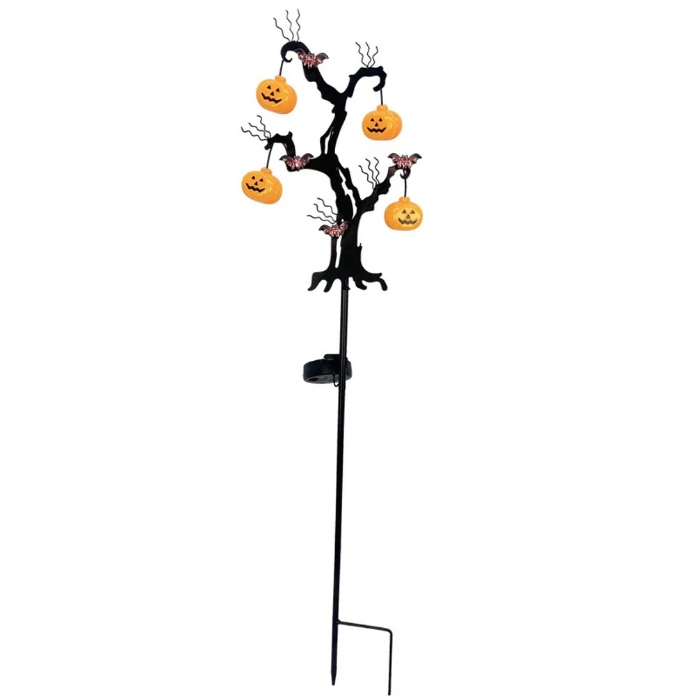 Iron Halloween Garden Stake Light Solar Powered Warm White LED Pumpkin Bat Design for Yard Decoration 71x25x8cm