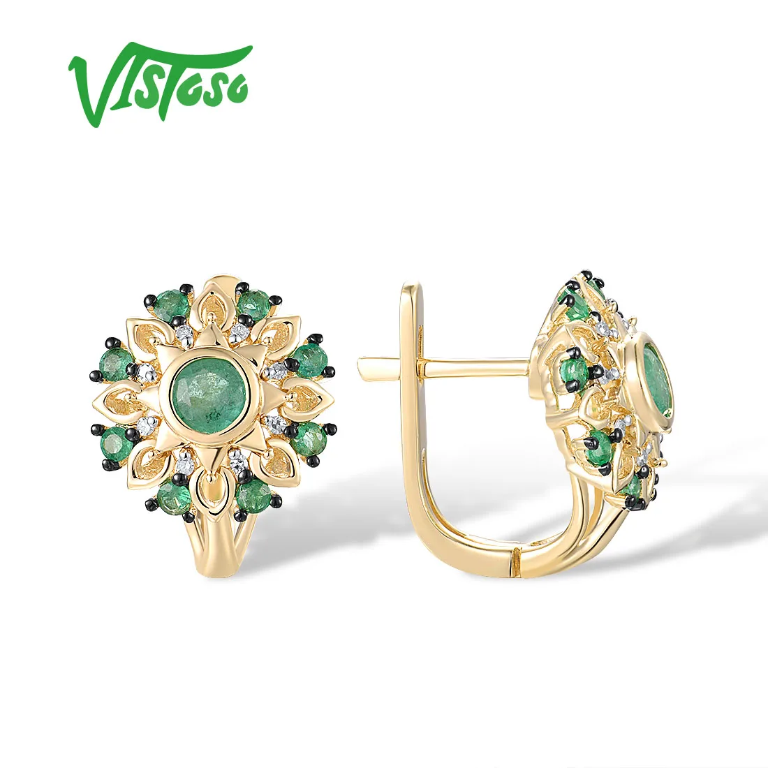 VISTOSO Genuine 14K 585 Yellow Gold Earrings For Women Sparkling Emerald And Diamond Daily Round Shape Handmade  Fine Jewelry