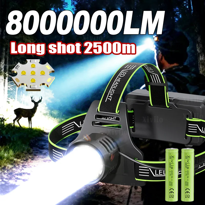 

8000000LM Самый мощный светодиодный налобный фонарь 5 светодиодов Супер яркий 2500 м Перезаряжаемая лампа 18650 Открытый фонарь для охоты и рыбалки