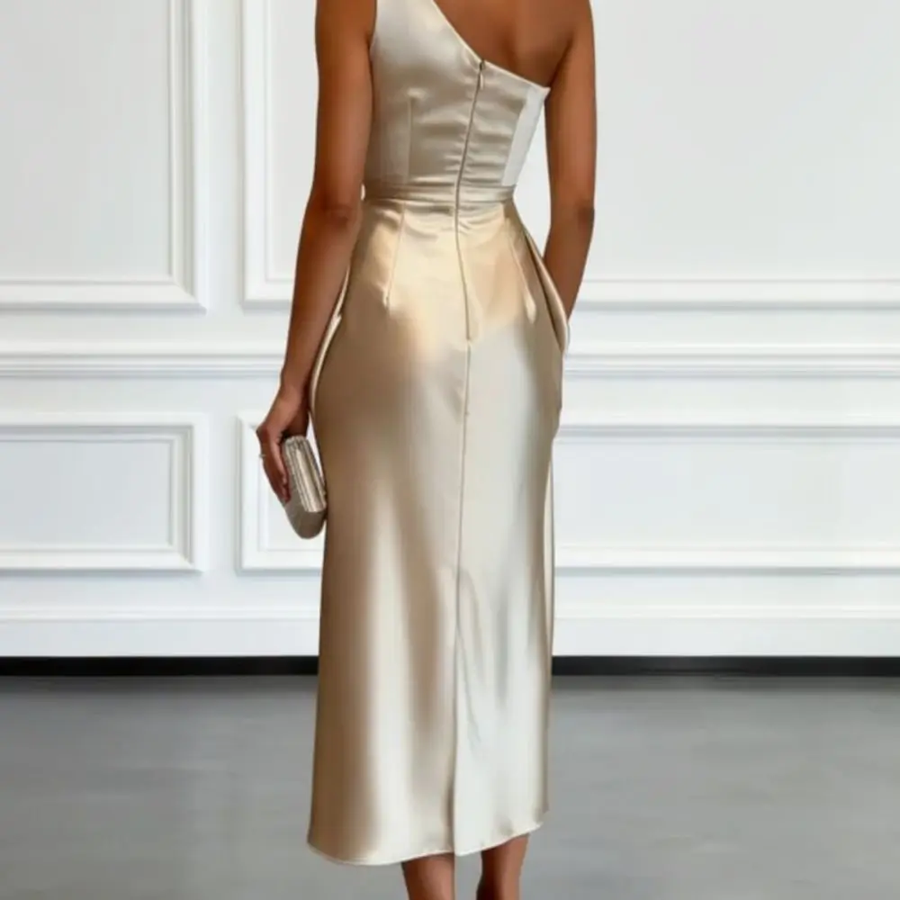 Sophisticated Satin Evening Dress Women One Shoulder Pleated Slim Waist Long Formal Gown For Prom Party Event Wear