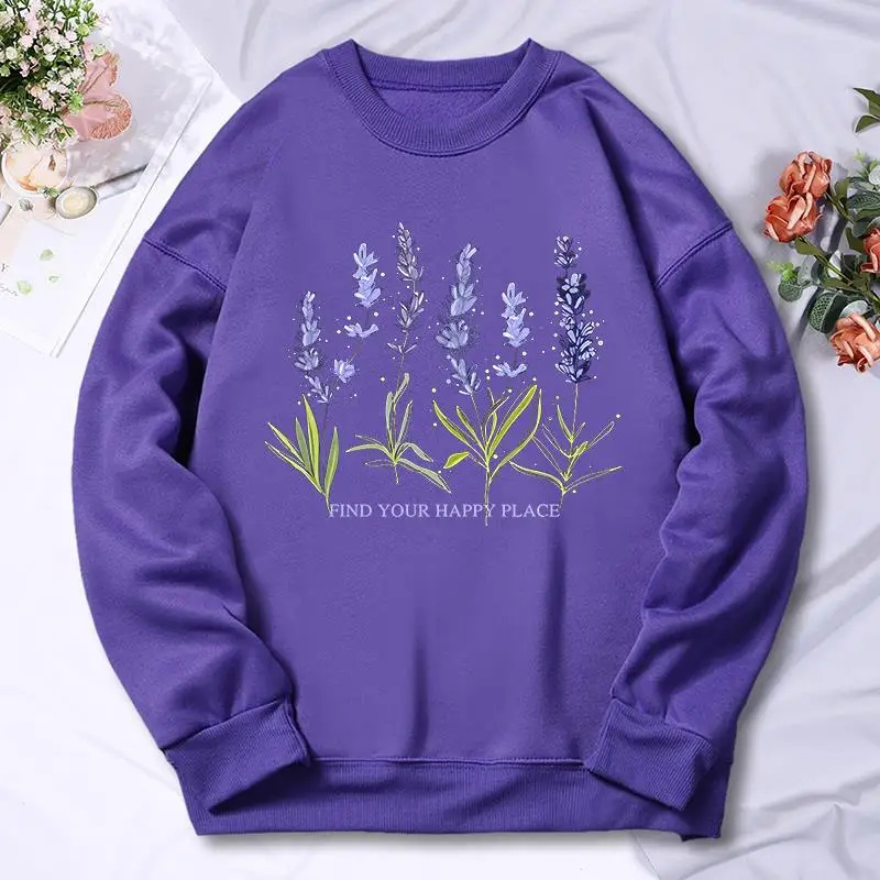 Beautiful Of Lavender Printing Women Hoodie Street Fleece Hoody Crew Neck Autumn Sweatshirt Hip Hop Oversize Clothing Female