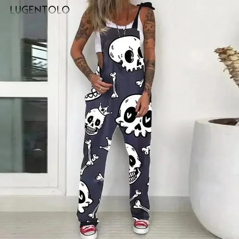 Skull Print Bib Overall Jumpsuit Women Suspenders Casual Spring Summer Female Sleeveless New Fashion Large Size 5XL Streetwear