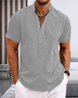New men's tie-dyed Henry collar casual beach short-sleeved fashionable solid-color top T-shirt, high-quality street short-sleeve