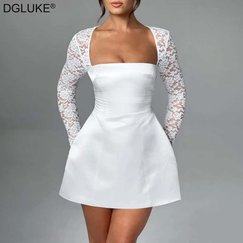 DGLUKE White Lace Sleeve Mini Dress Patchwork Long Sleeve Satin Dress Sexy Backless Short Party Club Dress