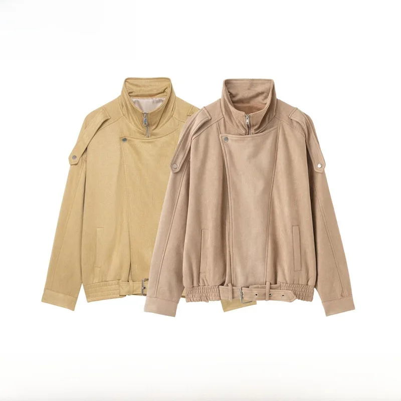 

Faionable Suede Zipper Jaet Women's Autumn Winter New Arrival Outerwear Polyester Fiber Long Sve Stand Collar Coat