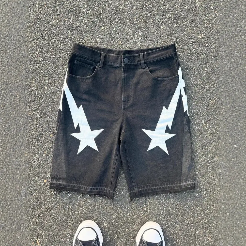 原宿カジュアルファッションプリントショーツ　おしゃれなルーズワイドレッグジーンズ　2025年夏新作　Y2Kパンクストリートデニムショーツ