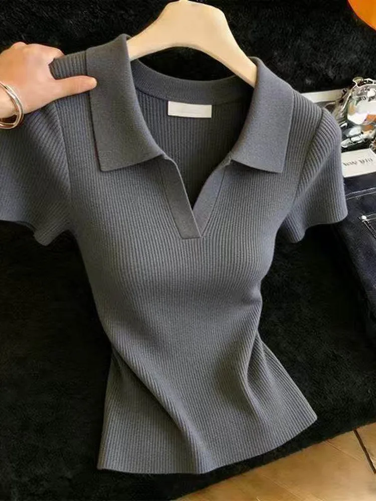 Outlet Guangzhou Thirteenth Factory Ice Silk  Collar Short Sleeve Knitted T-Shirt Women Summer Trendy Ageless Top
