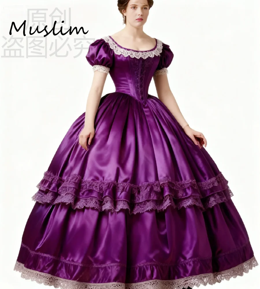 

Vintage Purple Renaissance Dress Short Sleeve Satin Evening Dress Ball Gown Tiered Lace Medieval Costume Masquerade Formal Party