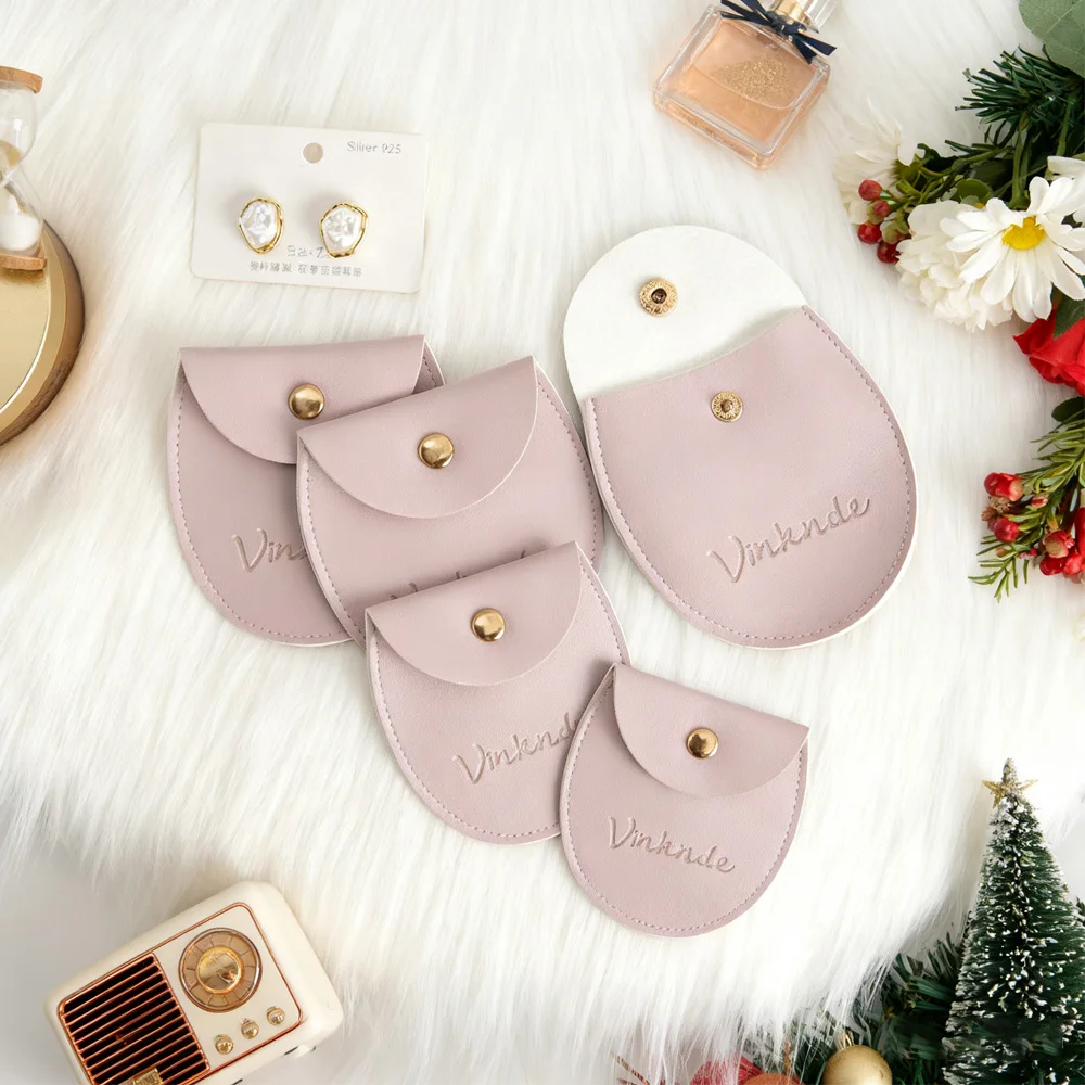 

50/100Pcs Custom Beige Purple Small PU Leather Jewelry Bag Travel Earrings Rings Makeup Waterproof Pouch Snap Bags Organizer