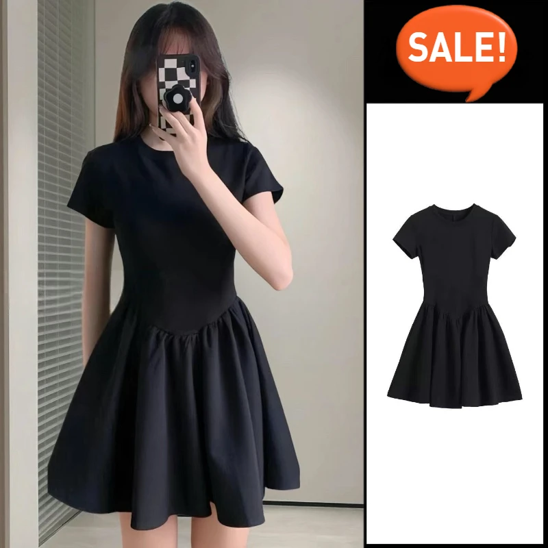 High-End Knit Petite Black Dress Spring Summer Waist-Cinching A-Line Slimming Short Pinup Style For Ladies