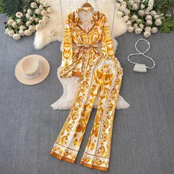 Jamerary Autumn Runway Floral Two Piece Set Women's Long Sleeve Blouse Top + Golden White Porcelain Print Flare Pants Suits