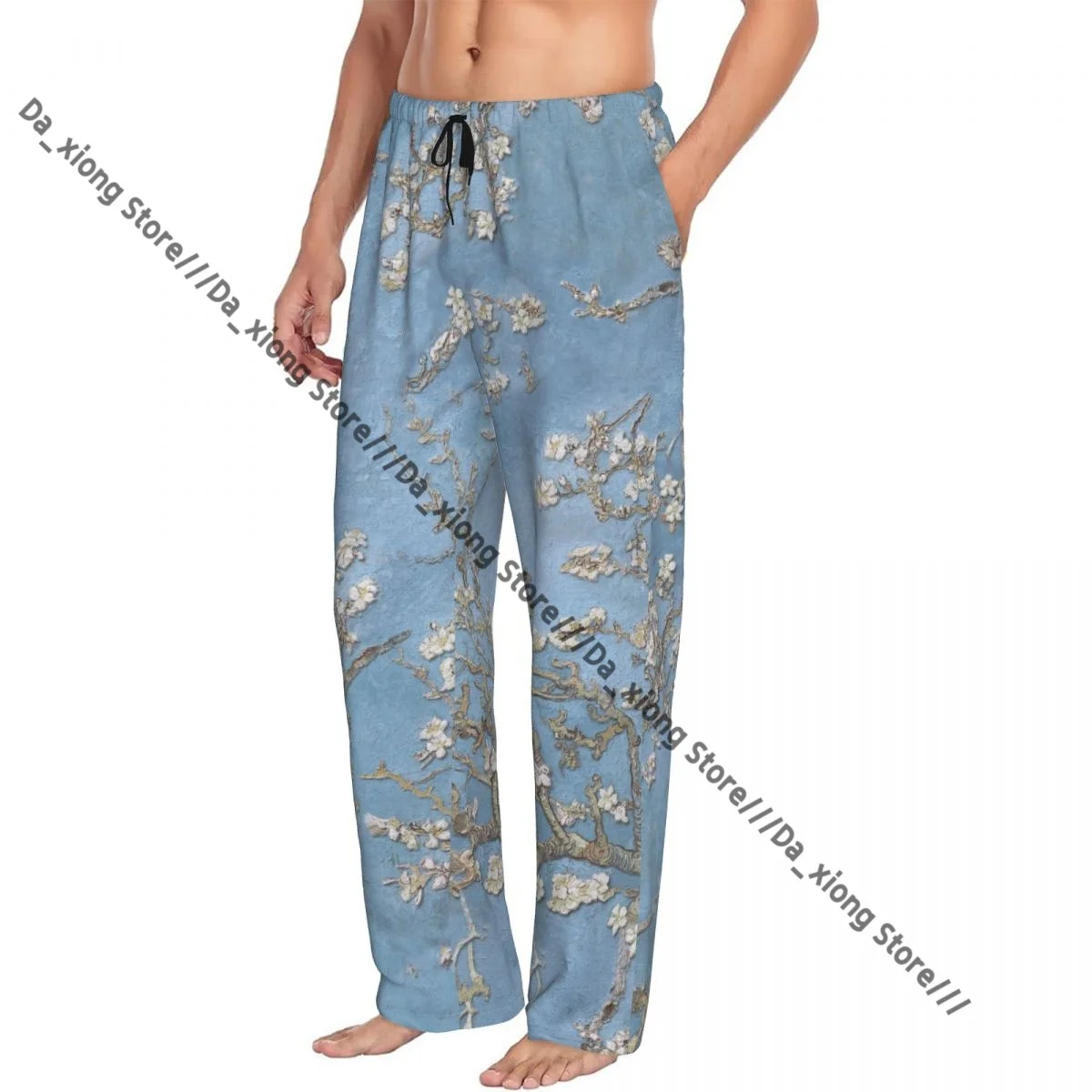

Синие мужские пижамы с вишневым цветом, пижамные брюки, брюки для отдыха, штаны для сна