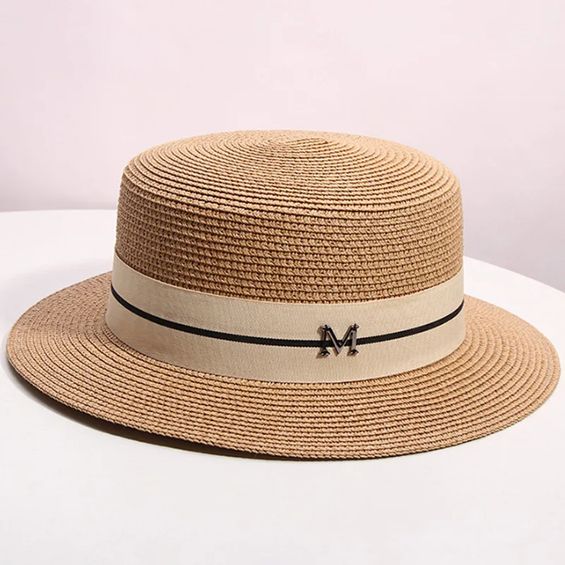 Straw hat women\'s summer flat top small top hat beach vacation hat straw woven hat sun hat