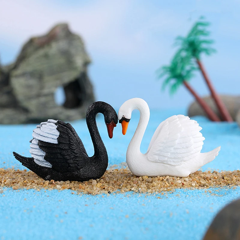 2PCS/Set Swan Sets Lovers Bird Animal Model Figurine Car Home Ornament Miniature Craft Garden Fairy Decoration DIY Accessorie