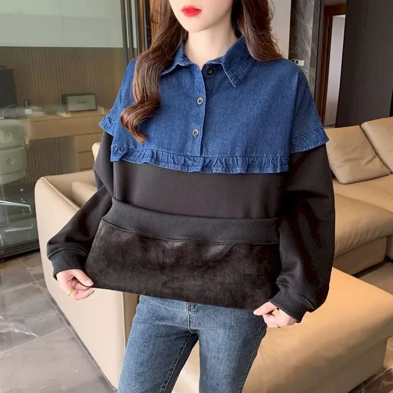 Casual Pullovers Women Autumn Winter Trendy Thicken Plush Polo Neck Pullover Oversized Top Loose Design Splice Denim Y2k Clothes