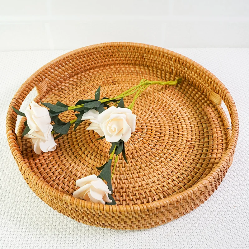 Rattan Woven Oval Dim Sum Tray Manual Round Double Ear Japanese Storage Basket