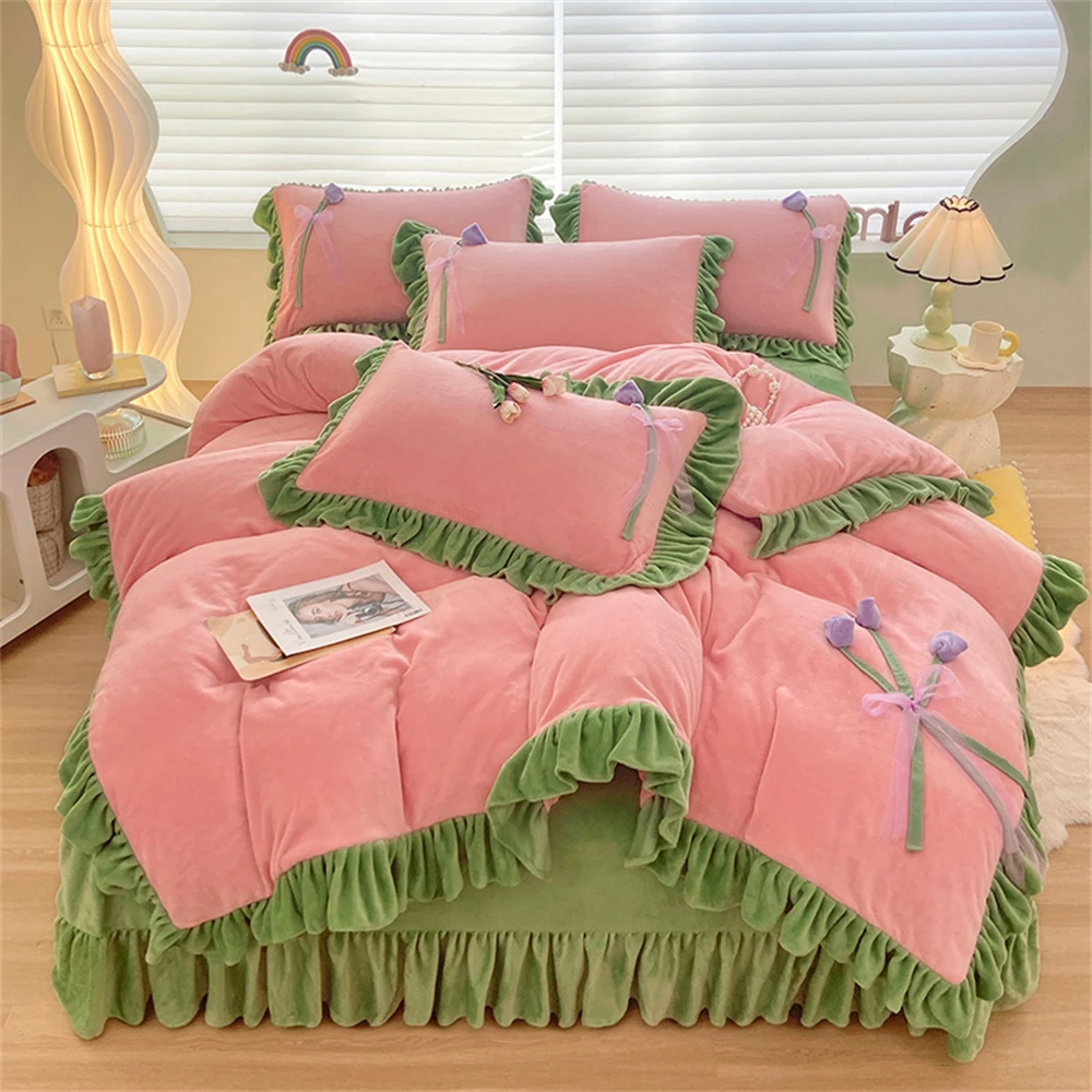 Luxury Kawaii Princess Milk Velvet Bedding Set Bed Skirt Warm Thickened Four-Piece Set Pillowcase Girls Duvet Cover Home Decor