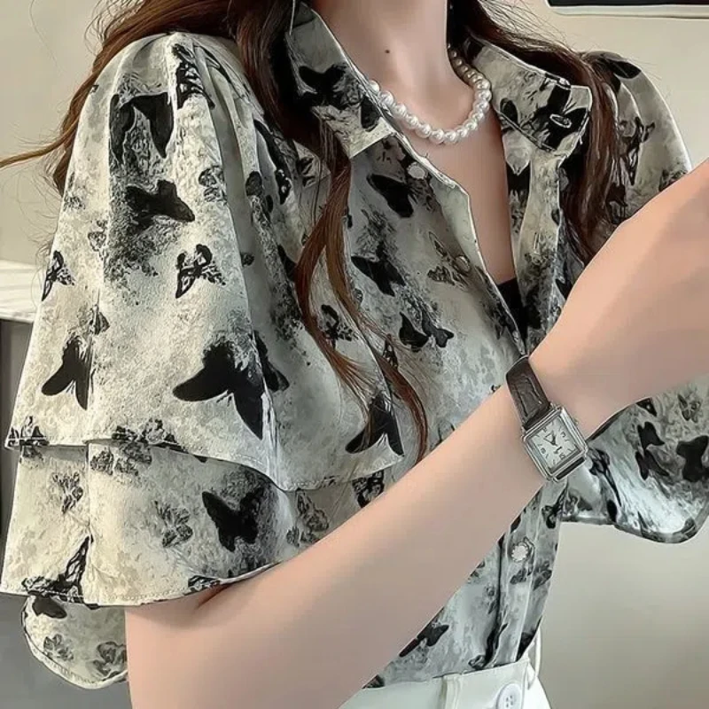 Spring Summer New Fashion Women\'s Clothing Polo Neck Short Sleeve Butterfly Print Blouses Female Clothes Y2K Loose Women\'s Shirt