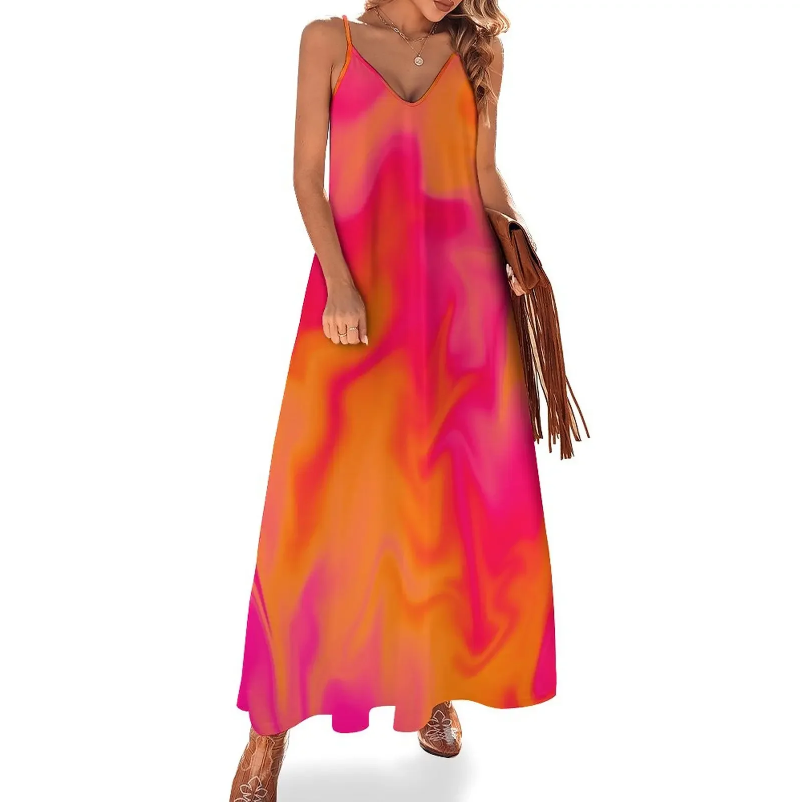 

Pink, Orange, and Red Marble Fusion Design Sleeveless Dress beach dress Elegant gown