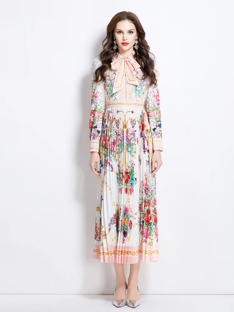 

Autumn Vacation New Painted Oil Painting Style Pressure Pleated Long Dresses Elegant Long Sleeve Bow Lace Shirt Collar Slim Dres