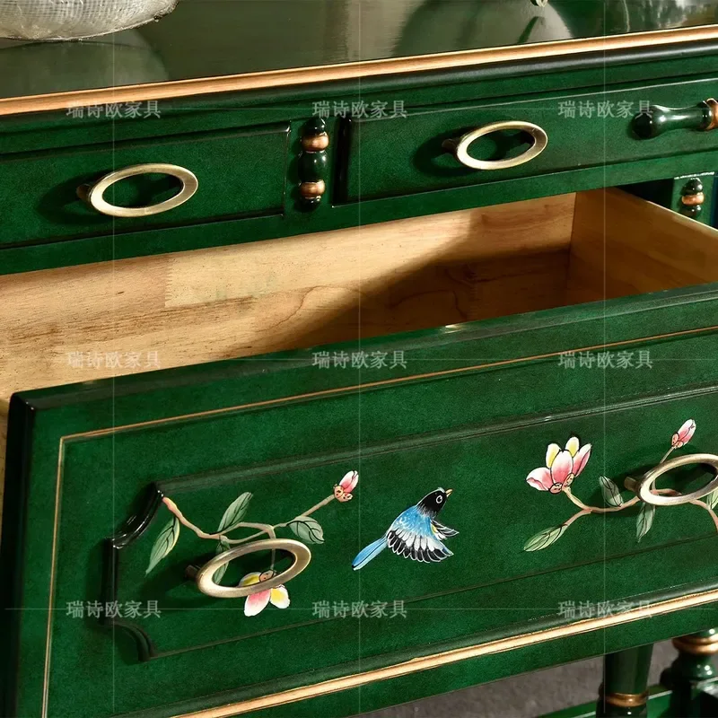 Solid Wood Dining Side Cabinet Green Retro Storage Cabinet for Porch and Dining Room Rural Style Furniture