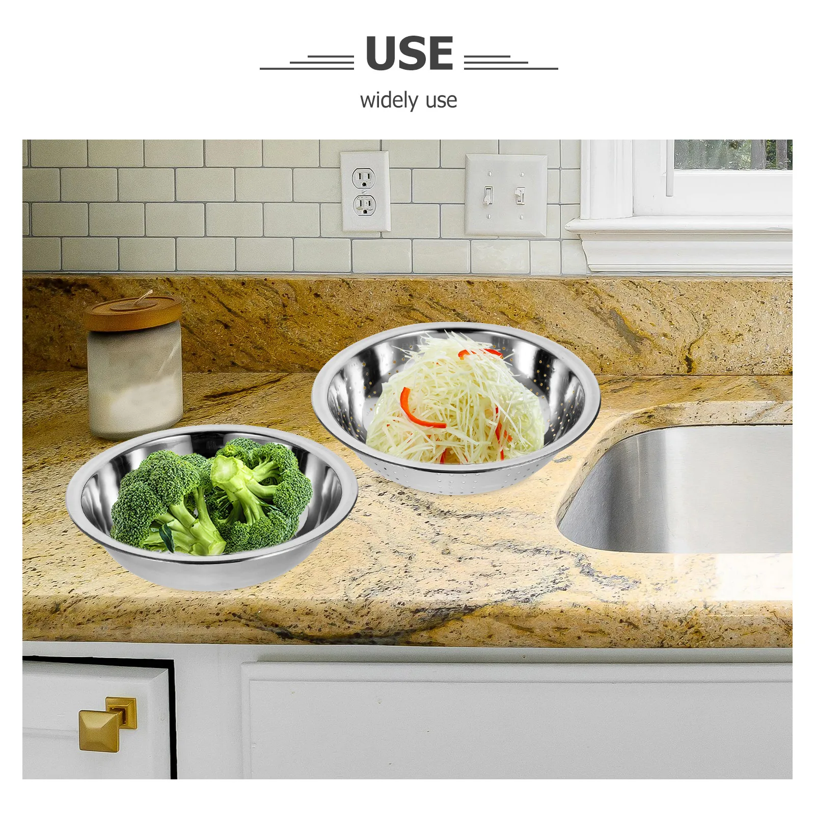 

1 Set Stainless Steel Grater Bowl Vegetable Strainer Rice Washer Metal Colander Drain Basket Kitchen Tool Large Capacity Serving