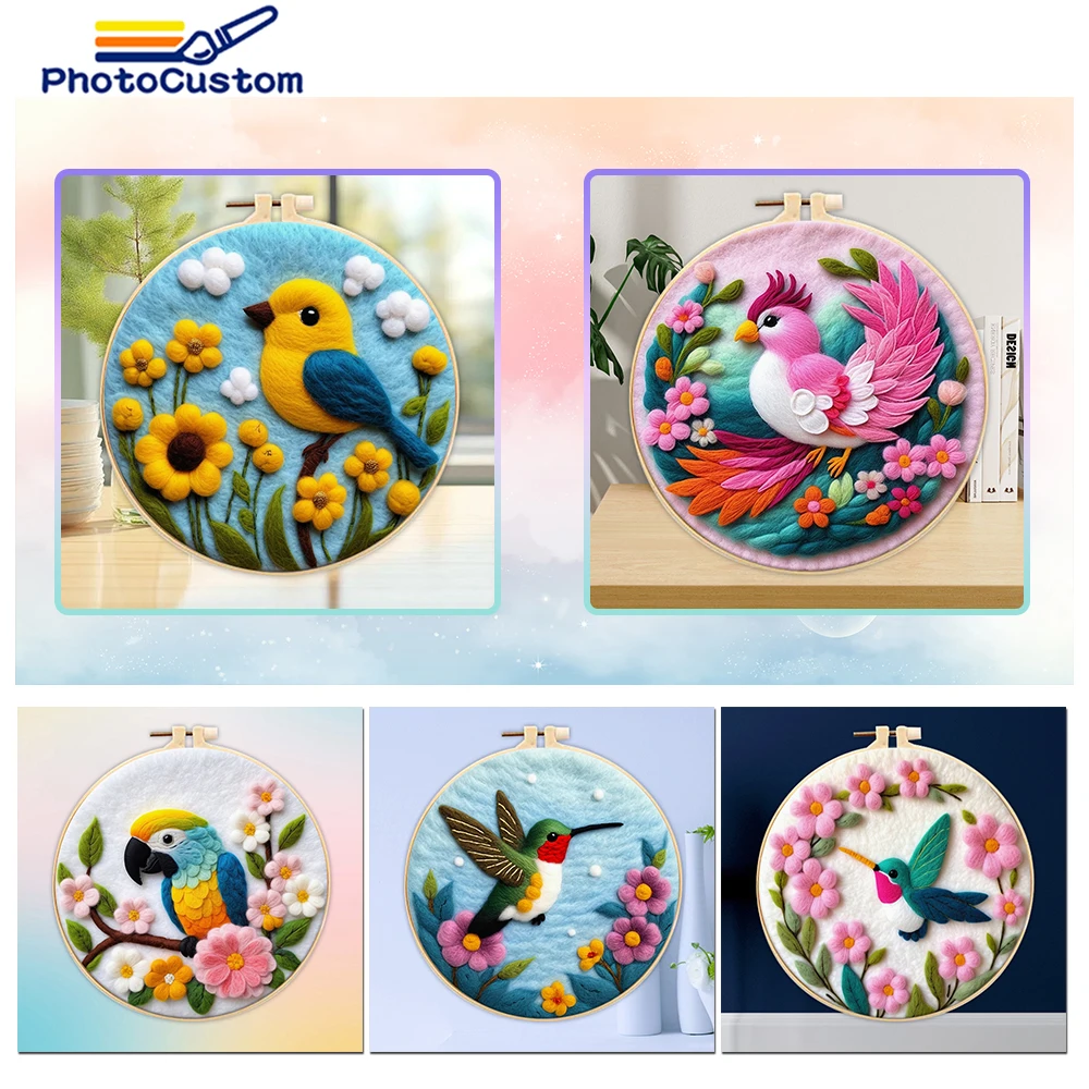 PhotoCustom Painting DIY Wool Embroidery Kit Creative Bird DIY Wool Needle Felt Picture Kit Craft Painting Gift 20x20cm Frame