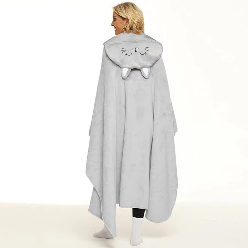 New Cartoon Gray Cat Hooded Blanket Soft Flannel Sofa Cloak Shawl for Bedroom Office Cozy Vibes Wearable Giant Pocket Blanket