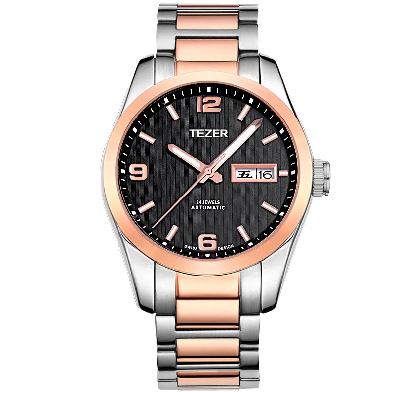 TEZER Men Automatic Watch | Two Tone Rose Gold Silver | Black Textured Dial | Day Date | 5ATM Waterproof Mechanical Wristwatch