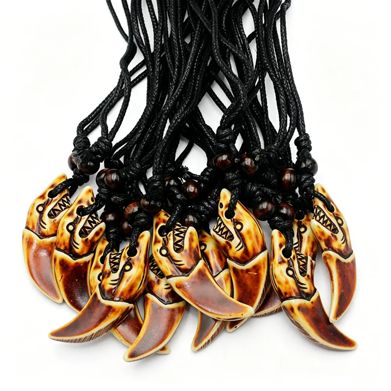 Resin Shark Tooth Pendant Necklace for Men Women, Adjustable Black Rope Cord with Wood Beads, 3 Colors Animal Fang Jewelry
