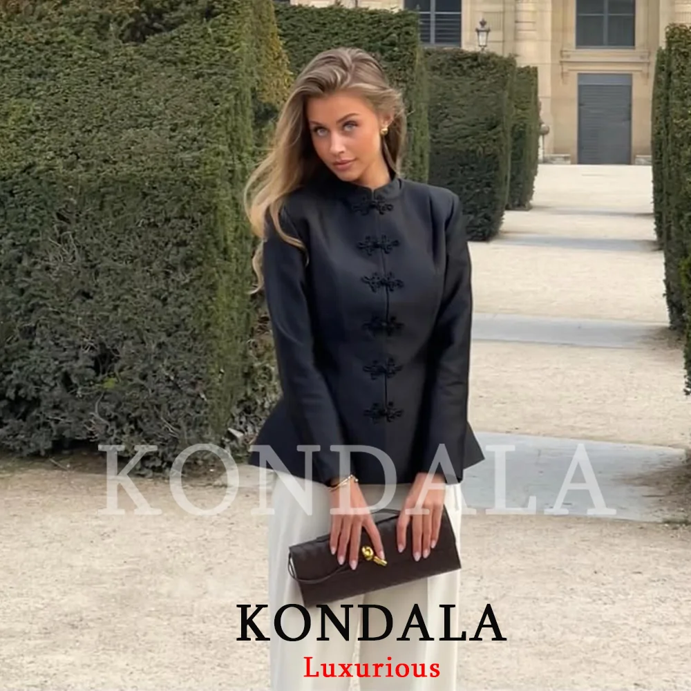 KONDALA Vintage Chic Women Blazer Black Solid Stand Collar Button Long Sleeve Straight Blazer Fashion 2026 Spring Summer Outwear