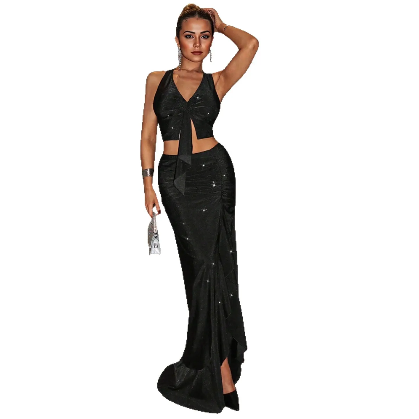 فستان أسود غير متماثل بطول متوسط مع تنورة، طقم للحفلات برقبة هالتر وشق، طقم من قطعتين بأسلوب أنيق من نسيج البوليستر، مجموعة ا...