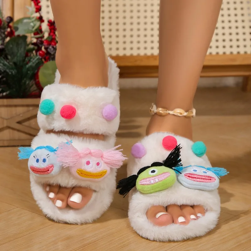 Fashion Ladies Shoes 2024 Winter New Funny Cartoon Women's Slippers Plush Warm Indoor Slippers Casual Comfortable Flat Slippers