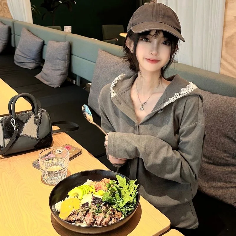 

Толстовка с капюшоном и кружевной отделкой, женский модный топ с длинными рукавами, облегающий крой