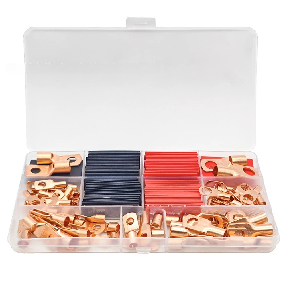 174PCS Boxed SC Copper Cable Lugs Kit, Ring Terminals with Red & Black Heat Shrink Tubes for Solar Battery Wiring