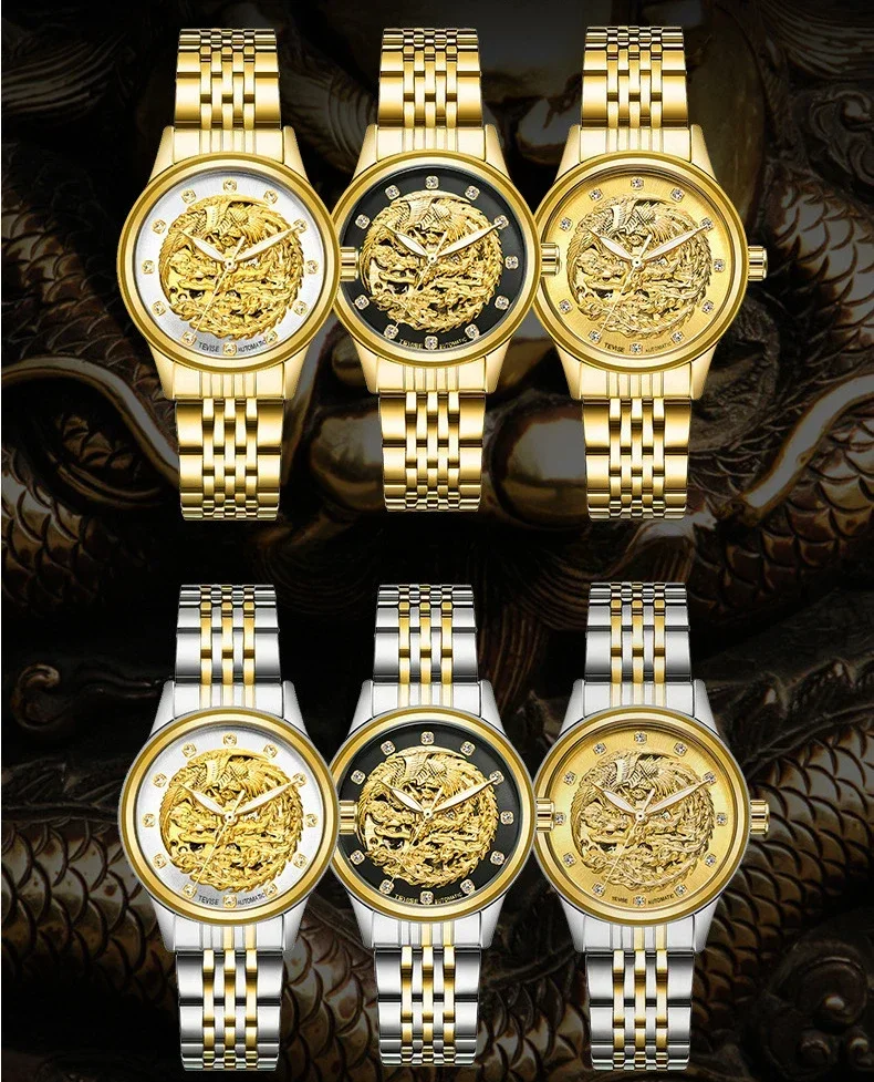 Women Tourbillon Automatic Mechanical Watch Glow in The Dark Waterproof Sports Watch Women  Dragon Phoenix Gold Steel Belt Watch