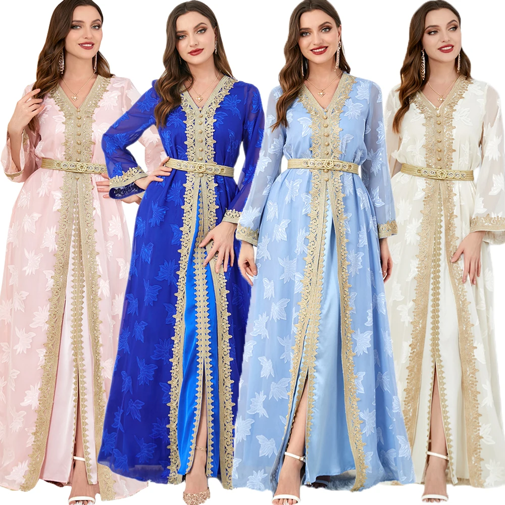 2 Piece Moroccan Kaftan Muslim Women Evening Party Dresses Set Eid Ramadan Dubai Turkey Abaya Gulf Jalabiya Caftan Robe Outfits