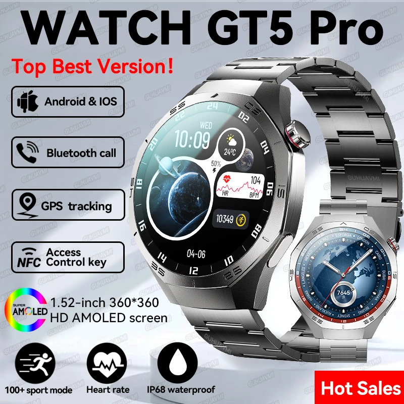 

Новинка 2025 года для Huawei GT5 Pro, спортивные умные часы для мужчин, 1,52-дюймовый HD AMOLED-экран, GPS трек, пульсометр, Bluetooth-вызов, IP68, умные часы