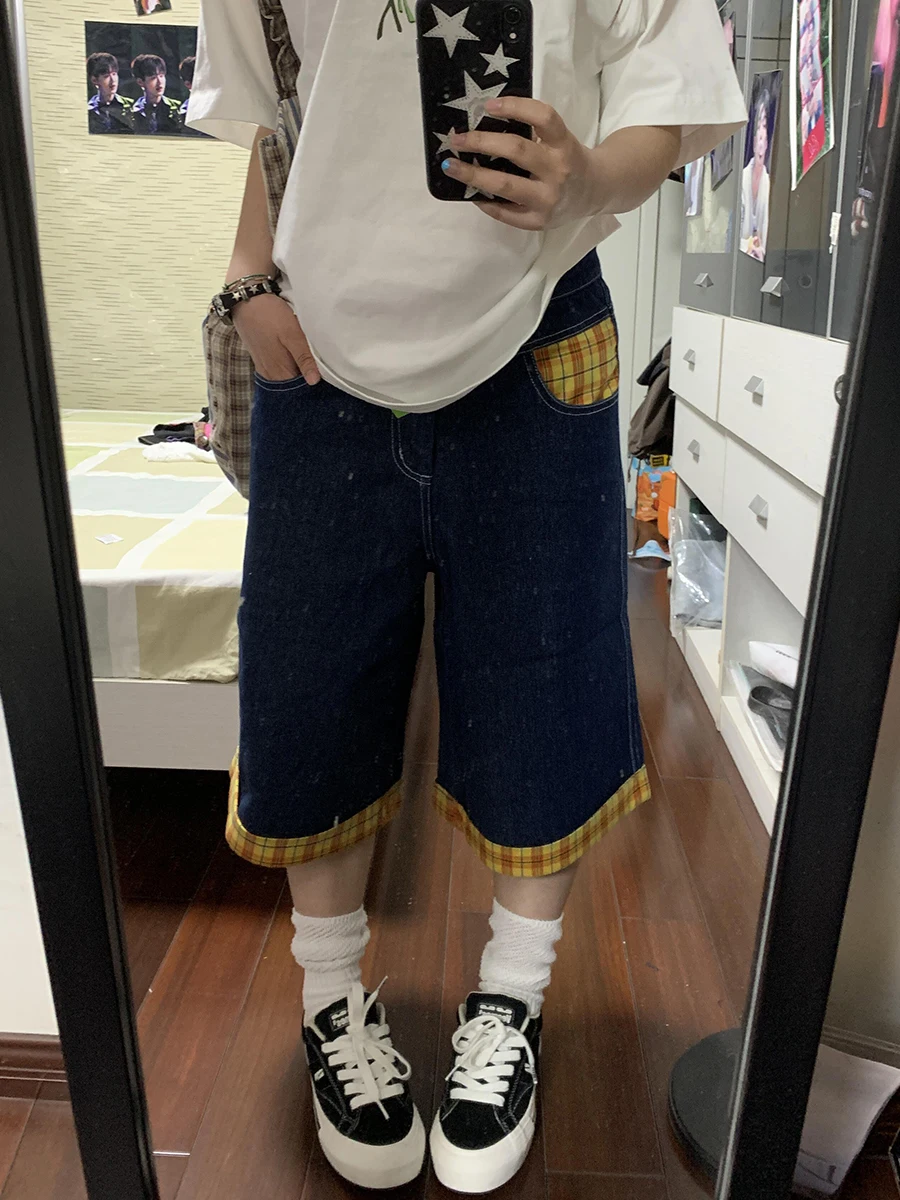 ReddaChic タータンチェックレトロパッチワーク女性ジーンズショーツ韓国チェッカー裾ローライズワイドレッグバミューダパンツ夏 Jorts ストリート