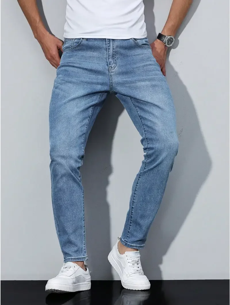 

Vintage Men's Light Blue Slim-Fit Jeans Heavyweight Durable Denim Pants with Back Patch Pockets for Retro Styling