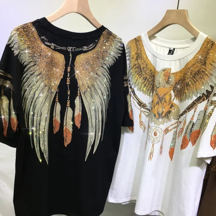 L-4XL Big Size Print Both Side Eagle Rhinestones Top Oversize T-shirts Women Loose Short Sleeve Hip Hop Graphic T Shirts Lady