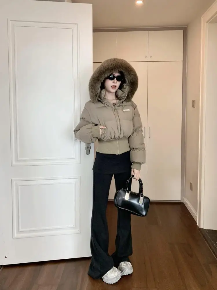 Koreanische Retro Frauen Schwarz Urlaub Kurze Unten Baumwolle Parkas Winter Khaki Zipper Mit Kapuze Mantel Dicke Warme Mode Beliebte Einfachheit