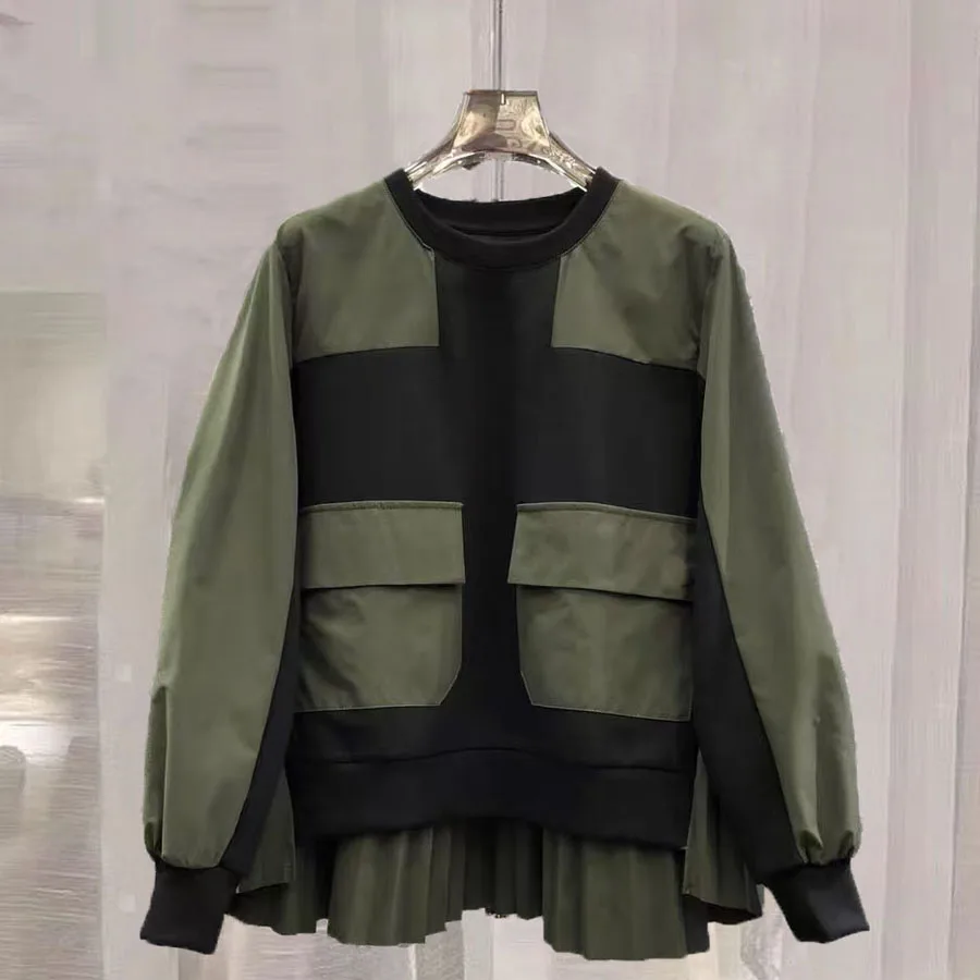 

Новая осенняя женская толстовка с круглым вырезом, длинными рукавами, цветными блоками, большим карманом, цветочной кружевной отделкой, в уличном стиле